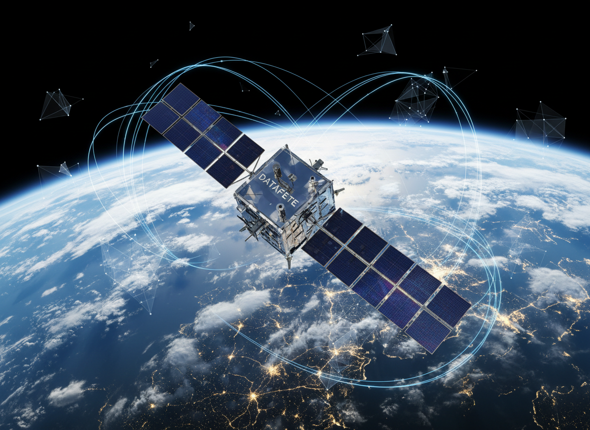 A high-resolution, photographic image of a sleek Earth observation satellite in low Earth orbit, its metallic body covered in detailed solar panels with subtle bluish reflections. Below it, a vivid curve of Earth reveals swirling white clouds, deep blue oceans, and illuminated city grids at night. Data-inspired glowing lines and semi-transparent graphs gently arc around the satellite and planet, suggesting data streams without containing any text. Lit by crisp, directional sunlight from the left, the satellite casts clean shadows across its structure. Captured from a slightly elevated, three-quarter angle with sharp focus throughout, the composition feels expansive, professional, and clean, emphasizing Datafete’s role in delivering precise, custom space datasets.