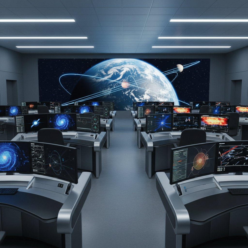 A modern mission control environment rendered without people, featuring rows of sleek dark consoles topped with ultra-wide displays showing colorful, abstract space data visualizations, orbital trajectories, and heatmaps with no text. Large wall-sized screens at the front display a detailed live-view of Earth with multiple satellite tracks visualized as luminous arcs. Cool, balanced artificial lighting from overhead panels reflects subtly off brushed metal surfaces and matte screens, creating a focused, high-tech atmosphere. Shot from a slightly elevated wide angle, the composition leads the eye from the foreground consoles toward the central Earth display, conveying a professional, data-driven control hub that embodies the precision and scale of space industry datasets.